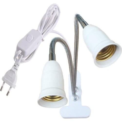 Double E27 Screw Lamp Base Bracket EU US Plug Universal Hose Switch Lamp Holder with Clip for Plant Grow Lighting 20pcs