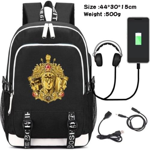 Anime JoJos Bizarre Adventure USB Charging Backpack Canvas Headphone Student Zip Cartoon Schoolbag Teenager Travel Laptop Bag