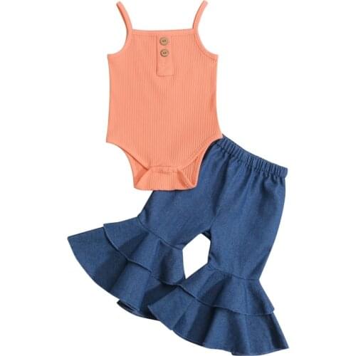 3-18M Infant Baby Girl Camisole Romper + Flared Pants Ruffle Decoration Elastic Waist Sweet Summer Clothing