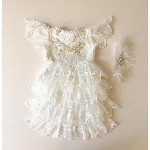 2020 Baby Girls Romper Set Newborn Christening Romper Dress + Headband Flower Lace Romper Jumpsuit Outfit Playsuit Clothes