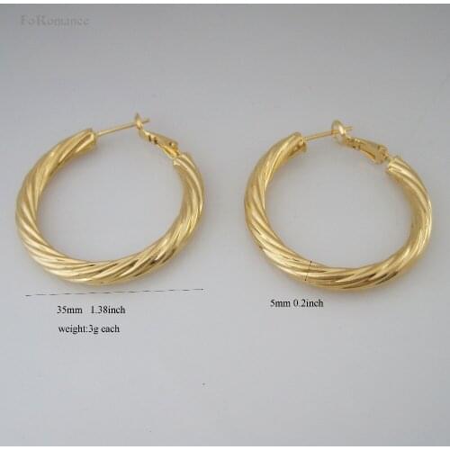 TOP QUALITY POPULAR PLAIN TWIST - YELLOW GOLD GP OVERLAY FILL BRASS ROUND HOOP 35 MM 1.38" EARRING BAND WIDTH 5 MM 0.2 INCH