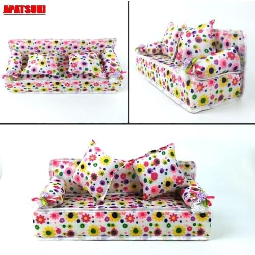 Doll Furniture Living Room Floral Mini Sofa with 2 Pillow Cushion For Barbie Doll Accessories for 1/6 BJD Doll Kid Playhouse Toy