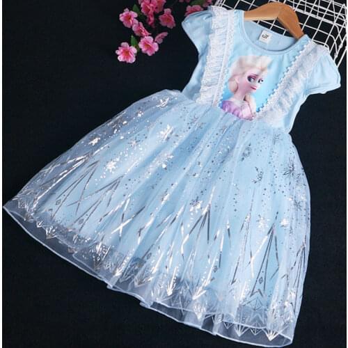 Summer Frozen Elsa Mesh Princess Wedding Dresses Toddler Girls Lace Dress Kids Cartoon Children Clothing for Baby Girls 2-7Y