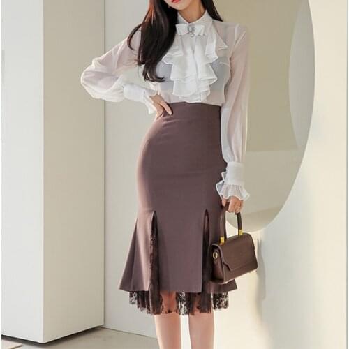 Summer 2 Pieces Suit Women Ruffle Chiffon Shirt Top Pencil Skirts Elegant Slim Stitching Lace Split Lady Skirt Suit Office Lady