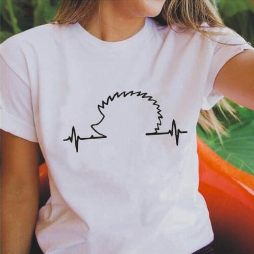 Summer Simple Line Hedgehog Heartbeat Tee Shirt Femme Cute Hedgepig Heart Pulse T Shirt Women Tops Hipster Casual Camiseta Mujer