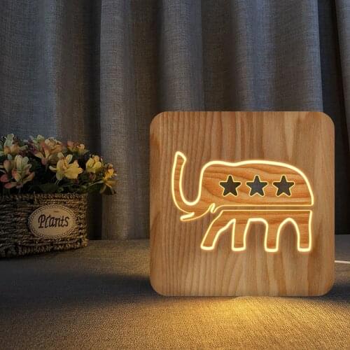 Cartoon Elephant Star Design 3D Lamp Creative Wood Hollow Out Carving LED Night Light Kids Gift for Home Office Art Decoration