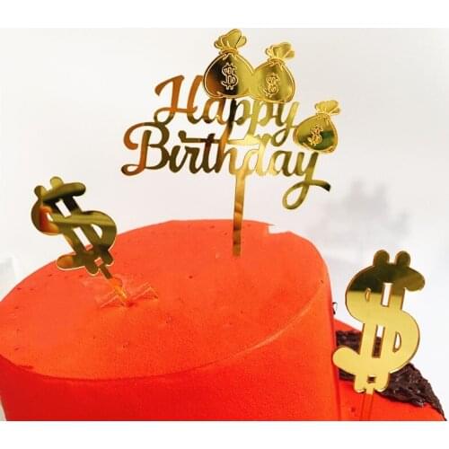 New Happy Birthday Acrylic Cake Topper Novelty Money Sign Rich Dream Cupcake Topper Flags For Birthday Party Cake Decorations