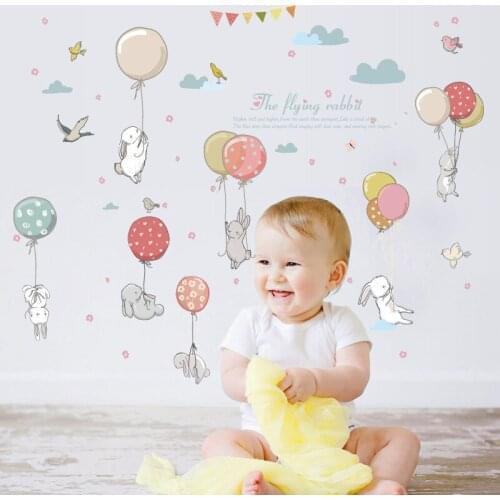 New Cartoon Balloon Rabbits Wall Sticker for Kids Room Furniture Wardrobe Bedroom Living Room Color Birds Cloud Cute Party Decor