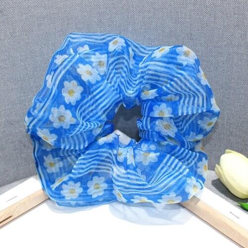 New Ladies Super Big Organza Gauze Hair Scrunchies Daisy Flower Striped Print Romantic Ponytail Elastic Hair Band Top Fashion