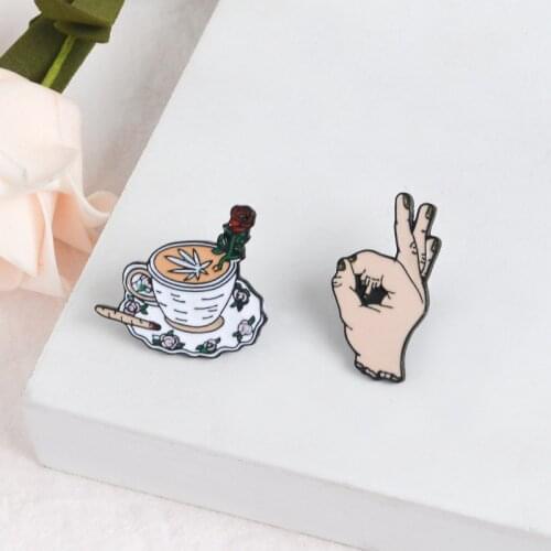 Hand And Coffee Cup Enamel Pin Brooch Rose Maple Leaf Ok Gesture Badge Brooch Set Pin Funny Life Brooches For Women Men Jewelry