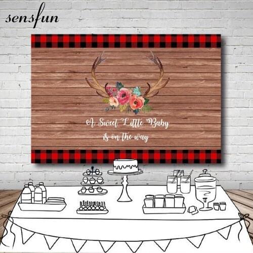 Sensfun Buffalo Plaid Wood Backdrop Flowers Antlers A Sweet Little Baby Is On The Way Photography Backgrounds 7x5FT Vinyl