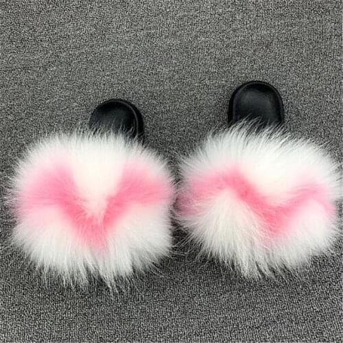 Womens Real Fox Hair Slippers Kids/Childrens Raccoon Fur Slides Ladies Fluffy Furry Sandals Female Plush Flip Flops Home Shoes