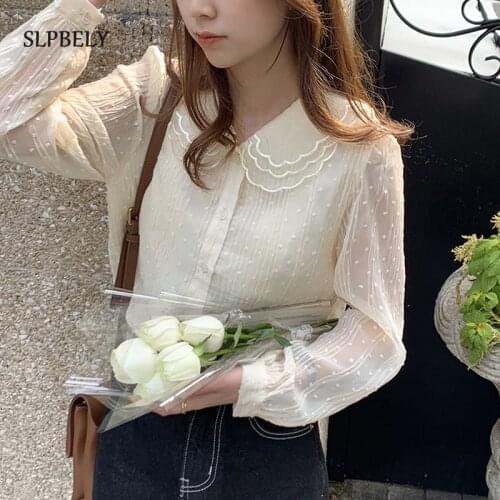 SLPBELY Women Blouses Chiffon Shirt Spring Sweet Doll Collar Long Sleeve Elegant White French Tops Button Shirts Femme Clothing