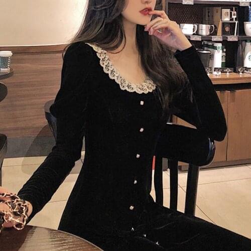 Vintage Velvet Black Long Sleeve Dress French Lace Women Warm Midi Dress Spring Korean One-piece Female Wedding Party Dress 2020