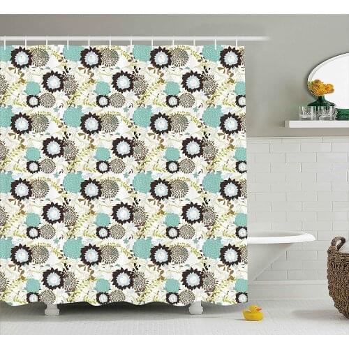 Flower Shower Curtain Floral White with Blue and Brown Dandelions Leaves Swirls Artwork Print Waterproof Polyester Bath Curtains