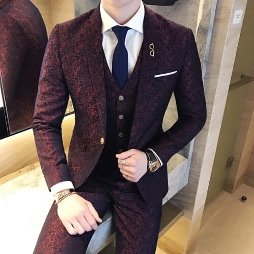 Red jacquard Wine 4 piece wedding suit men groom suit costume homme slim fit Fashion vintage party prom (suit Jacket +vest+pant)