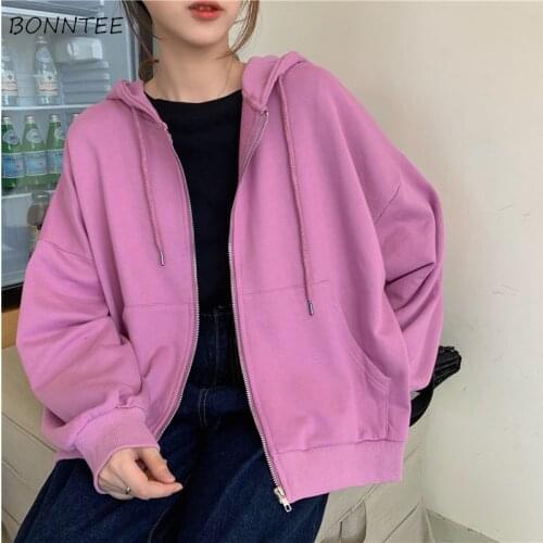 Basic Jackets Solid Students 2020 Korean Style Loose Hooded Outwear Chic Leisure Womens Zipper Coats Female Classic Sweet Girls