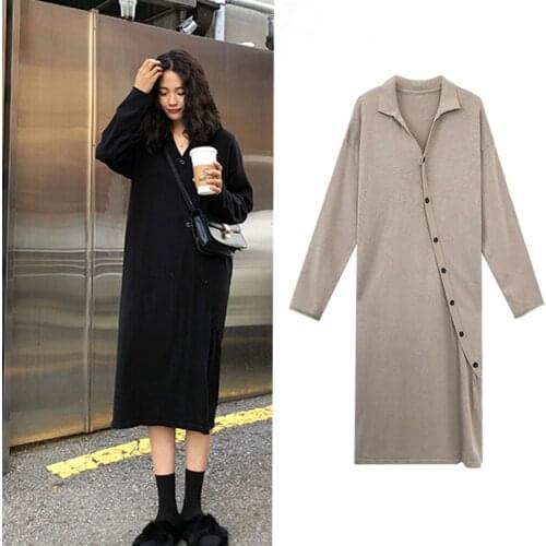 Women Dresses Plus Size Fashion Turn-Down Collar Casual Solid Single Button Knitted Dress For Women One-Piece