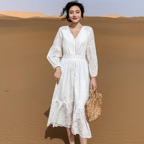 Women Sweet White Embroidery Elegant High Waist Dresses 2021 Autumn Ladies Sexy V-Neck Vacation Long Sleeve Dress