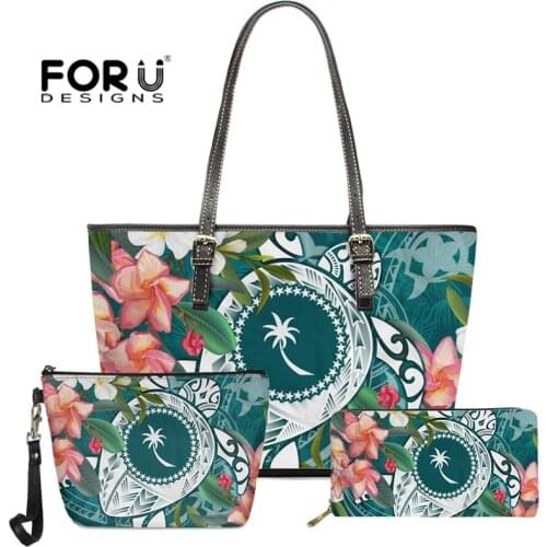 Women Bag Fashion 3pcs Set Luxury Handbag Purse Chuuk Tribal with Hibiscus Turtle Print PU Casual Lady Shoulder Totes sac a main