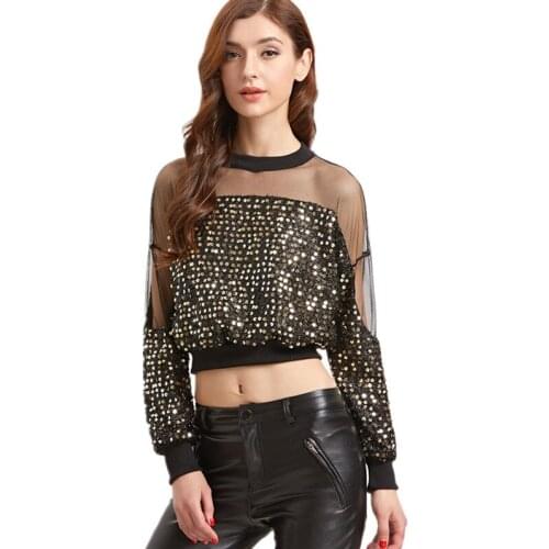 Sexy Sequins Women womens tops and blouses Mesh Long Sleeve Shirts Patchwork short blusas crop top sexy See through blouse women