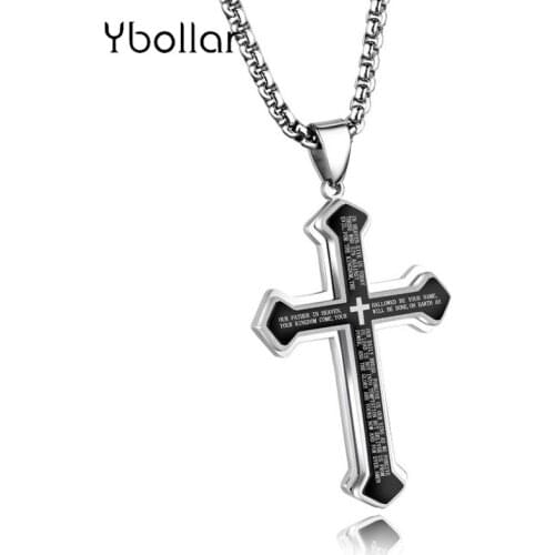 Fashion Black Men Stainless Steel Cross Pendant Necklace Jesus Religion Bible 24" Chain Necklace Punk Rock Jewelry Gift