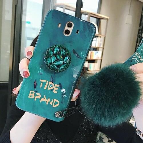 For Huawei Mate 20 Pro Mate 30 Lite Mate 30 20X 5g 10 9 Pro Y6 Y7 Y9 2019 Rhinestone Holder Vintage Emerald Hairball Back Case