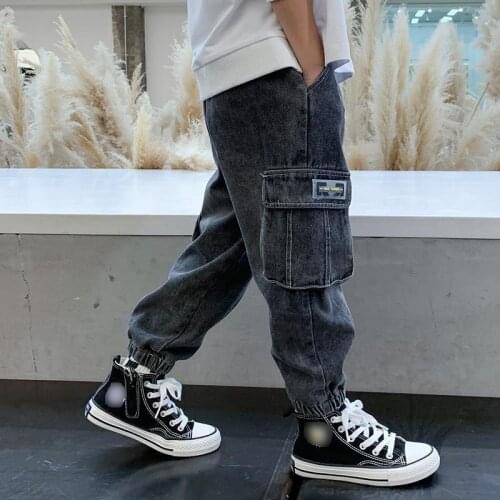 New 4-15Y Boys Jeans Pants Autumn Solid Color Kids Loose Trousers Teenage Childrens Denim Pants Clothing Boy Casual Cargo Pants