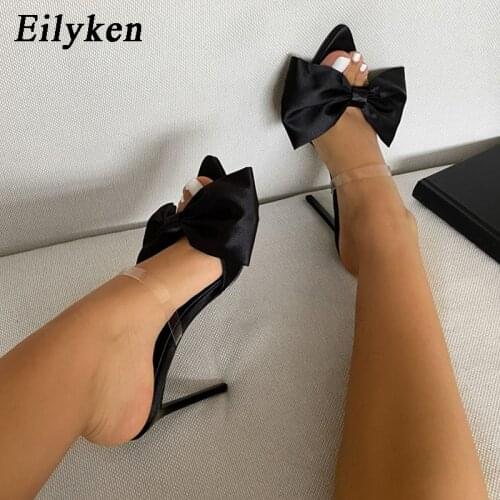 Eilyken Sexy Pointed Toe Heels Women Large Butterfly-Knot Designer Ladies Slippers PVC Transparent Strap Sandals Party Shoes