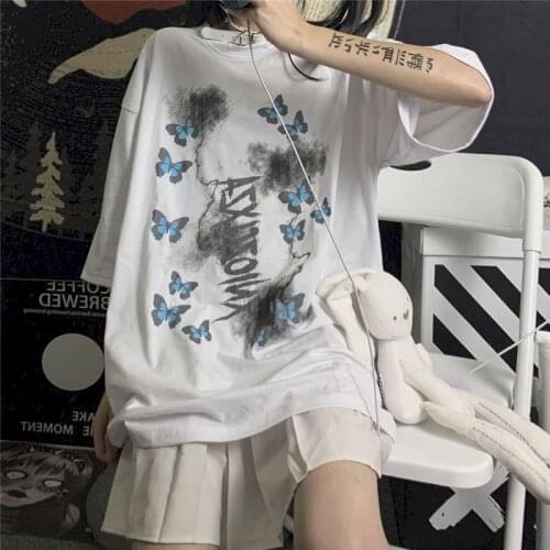 Oversized t-shirt women=Korean version of loose summer new Harajuku style alternative clothing goth punk clothes grunge t shirt