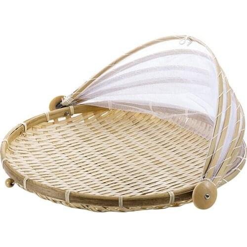HLZS-Handmade Bamboo Woven Bug Proof Wicker Basket Dustproof Picnic Fruit Tray Food Bread Dishes Cover with Gauze