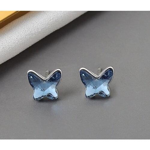 KOFSAC New 925 Sterling Silver Stud Earrings For Women Jewelry Romantic Crystal Blue Butterfly Earring Girl Party Accessories
