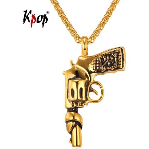 Kpop Gun Pendant Necklace Punk Rock Statement Jewelry Stainless Steel Gold Color Revolver Gun Pendant Necklace for Men P1847