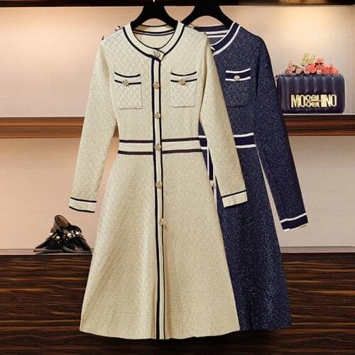 M-3XL plus size women fashion Shiny kint dress vestido autumn winter 2020 long sleeve o neck button stripe sweater dresses