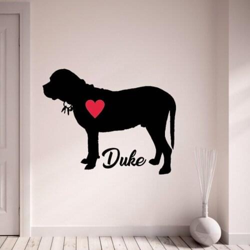 Mastiff Wall Decal Custom Dog Name Personalized Vinyl Window Stickers Pets Shop Dog With Red Heart Home Decor Art Mural M913