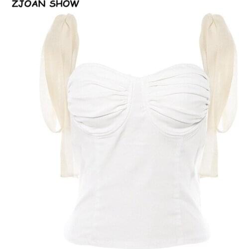 Summer Tie Bow Strap Patchwork White Camis Women Retro Girl Sexy Slim Crop Top Short Tees