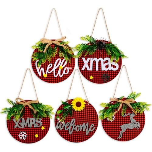 Lovely Stereo Decor Home Wood Wall Door Hanging Red Plaid Paste Cloth Elk Hello Welcome Christmas Art Craft Gift