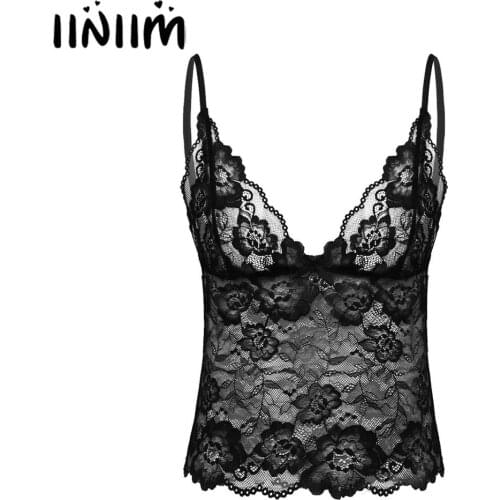 Iiniim NEW Sissy Gay Mens Lingerie Vest Tops See Through Lace Sissy Bra Tops Spaghetti Straps Exotic Parties Camisole Crop Top
