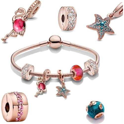 New Rose Gold Openwork Woven Flamingo Starfish Fish Clip Charm fit Pandora charms silver 925 original bracelets bangles