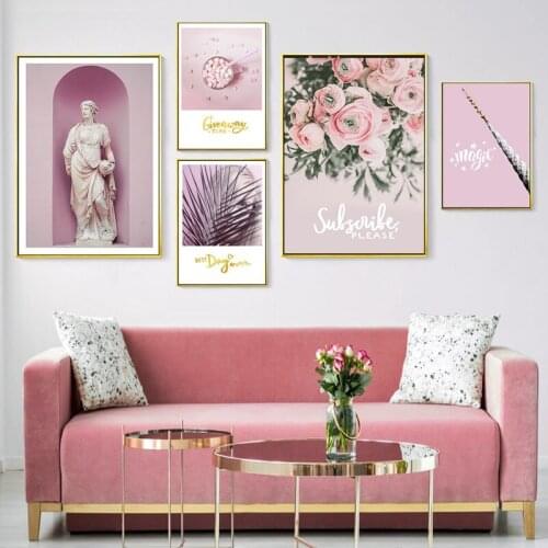 Romantic Girl Heart Pink Rose Flower White Character Sculpture Canvas Painting Wall Picture Poster Living Room Home Decoration