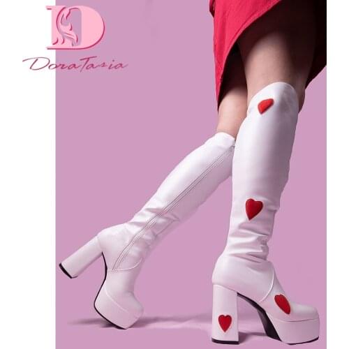 DoraTasia Brand New Fashion Womens Knee High Boots Platform Square High Heels Boots Mature Concise Heart 2021 Shoes Woman