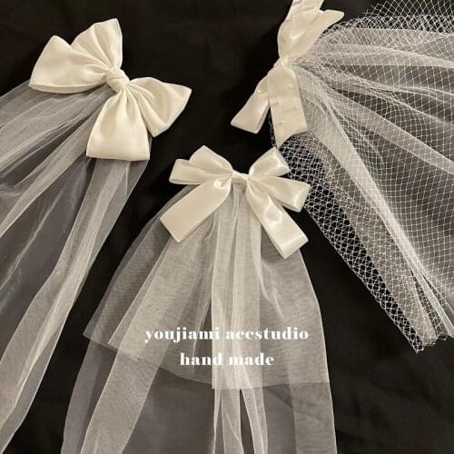 Super fairy white bowknot veil hairpin girl Mori bride hair accessories head jewelry