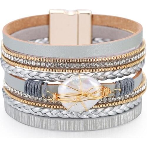 FYJS Unique Handmade Weave Multi Layer Leather Bracelet with Irregular Shape Imitation Pearl Jewelry