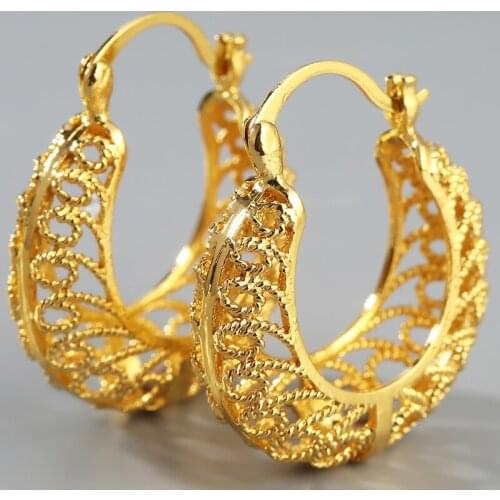 Bohemian Vintage Ethnic Tibetan Gold Color Hoop Earrings Big Hollow Round Drop Earring for Women Charm Party Jewelry Gift Hot