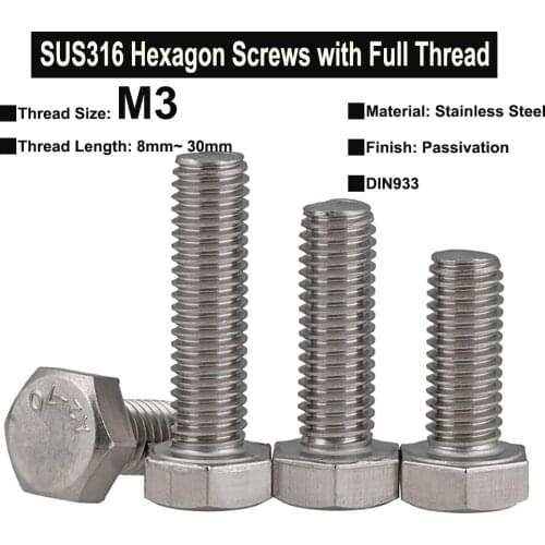 20Pcs M3 SUS316 Stainless Steel Hexagon Head Screws with Super Long Full Thread DIN933 Thread Length 8mm~30mm