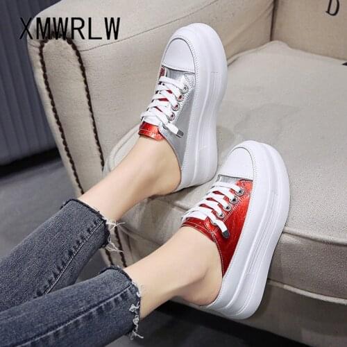 XMWRLW PU Leather Summer Slippers For Women High Heels Half Shoes Casual Lace up Woman Slippers 2020 Summer Ladies Platform Shoe