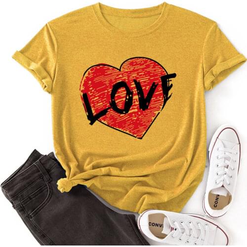 Woman Short Sleeve Colored Graphic Tees Summer T-Shirt Female Tops Shirts for Women Love Letters Red Heart Top Gift