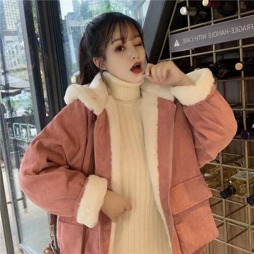 2021 Winter Sweet Plus Velvet Thickening Parkas Women Korea Hooded Loose Corduroy Coat Women New Student Pink White Cotton Coat