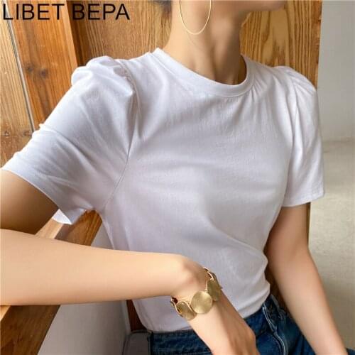 New 2021 Spring Summer Womens T-shirt Bottoming Basic Casual Fashionable Solid Multi Colors Puff Sleeve Wild Vintage Tops T1038