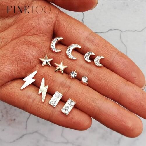Fashion Lightning Square Bar Moon Star Earrings for Women Minimalist Crystal Geometric Stud Earrings Set Small Earrings Studs